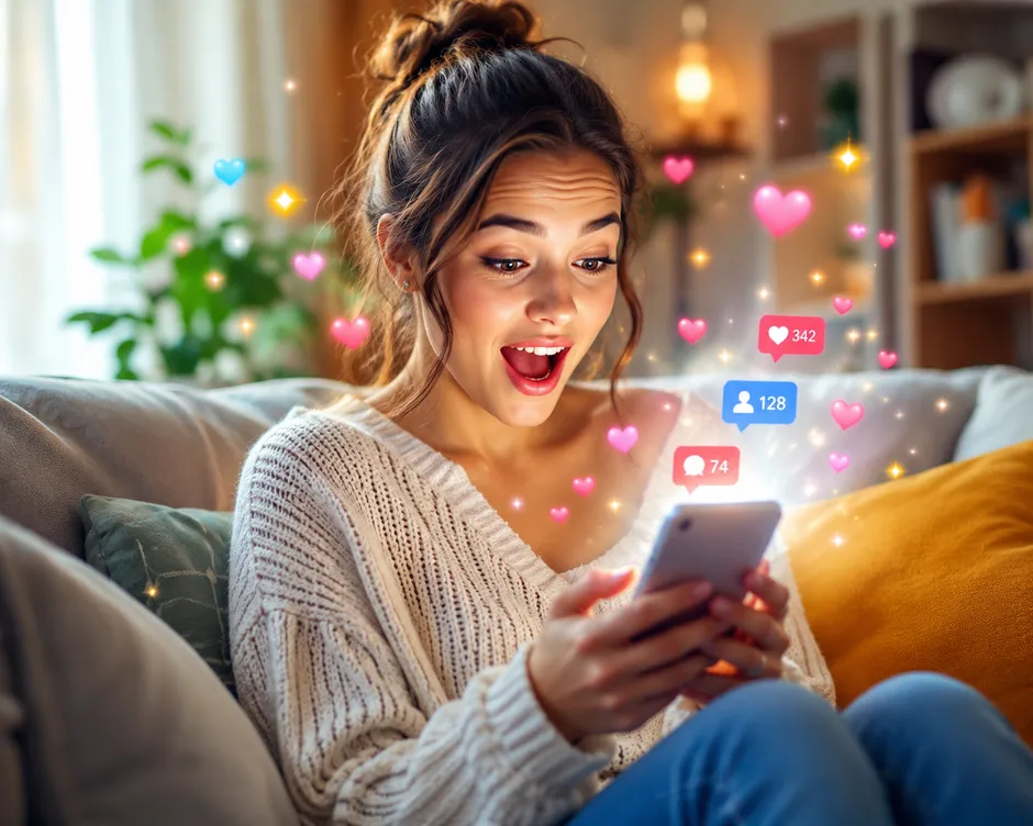 Excited young woman on a sofa watching her Instagram and TikTok followers, likes, and comments grow on her phone